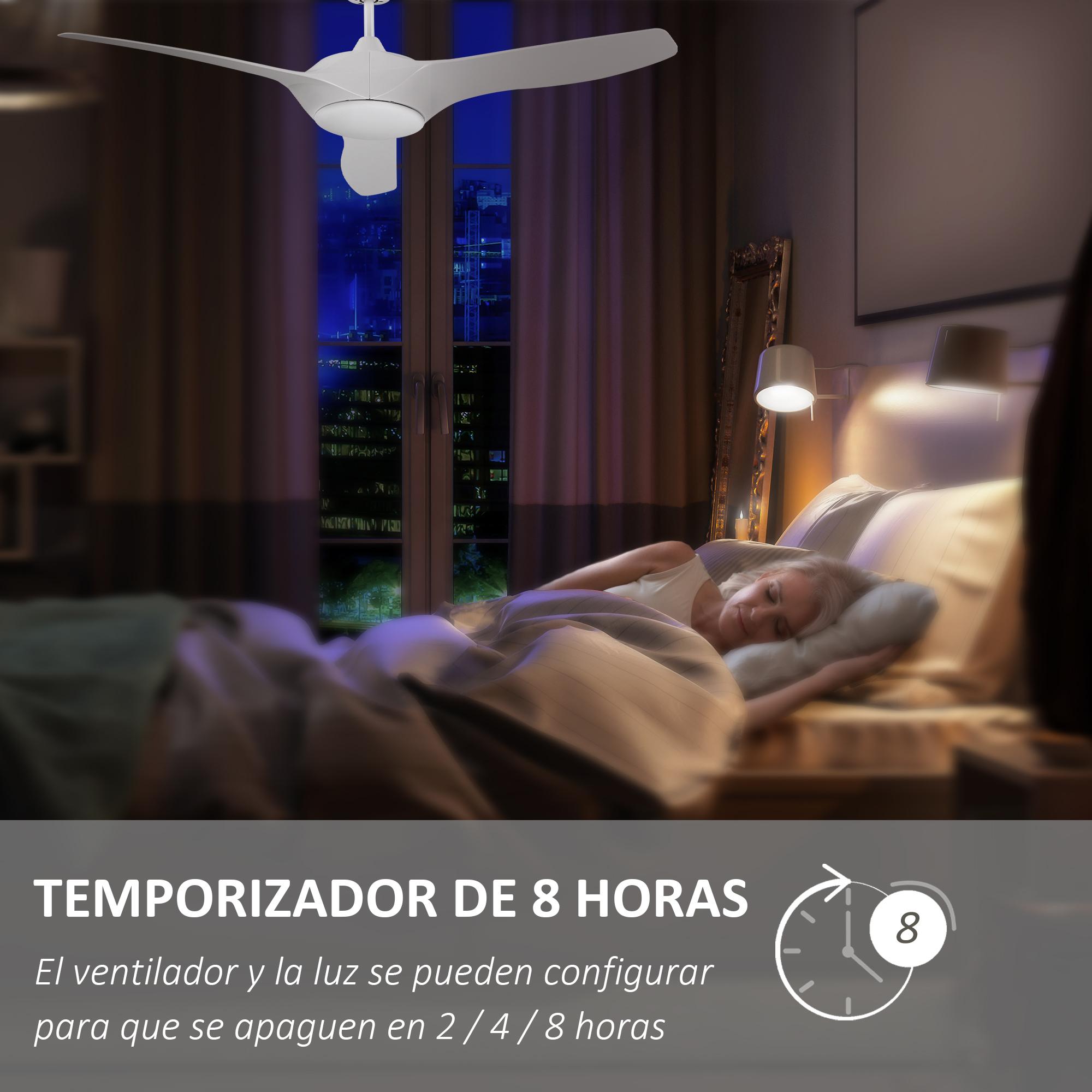 Ventilador de Techo Motor Diámetro 132 cm con Luz LED Mando a Distancia 3 Aspas Reversibles 6 Velocidades y Temporizador Silencioso para Dormitorio Salón Comedor Blanco