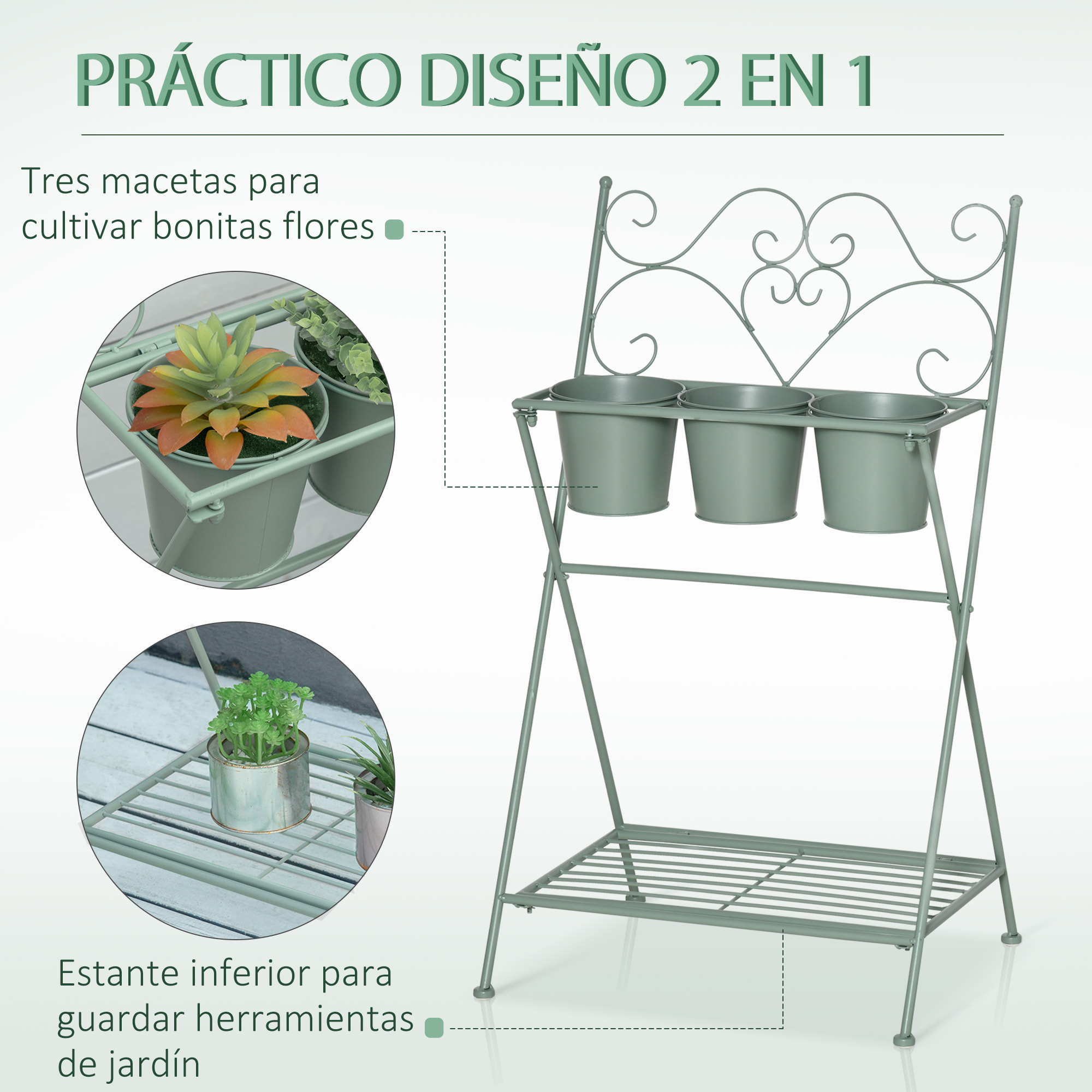Soporte Metal para Plantas Flores Plegable con 3 Macetas y Estante 47x37x78,5 cm
