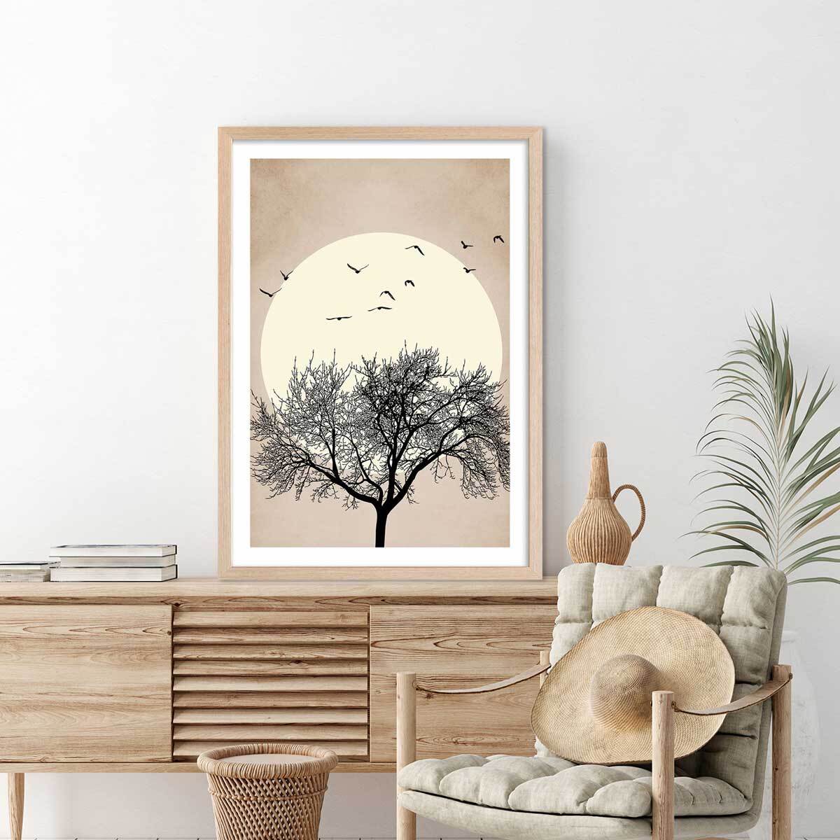 Affiche dessin ""Arbre scintillant"" Affiche + cadre en bois - Chêne