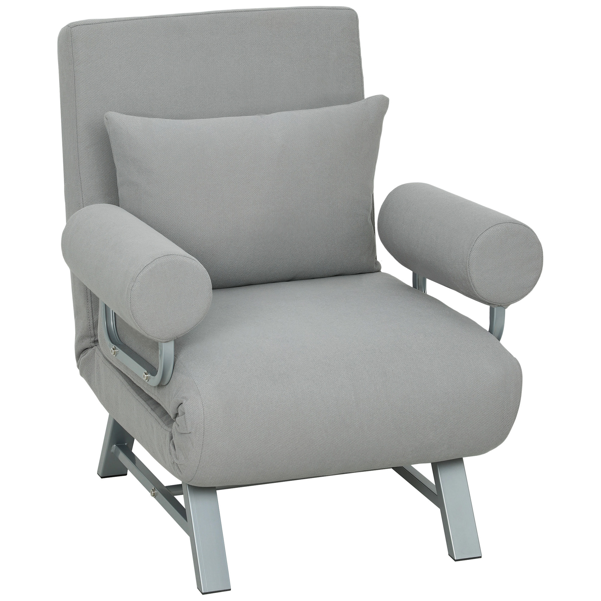 Fauteuil chauffeuse convertible inclinable coussin lombaires accoudoirs piètement métal lin gris clair