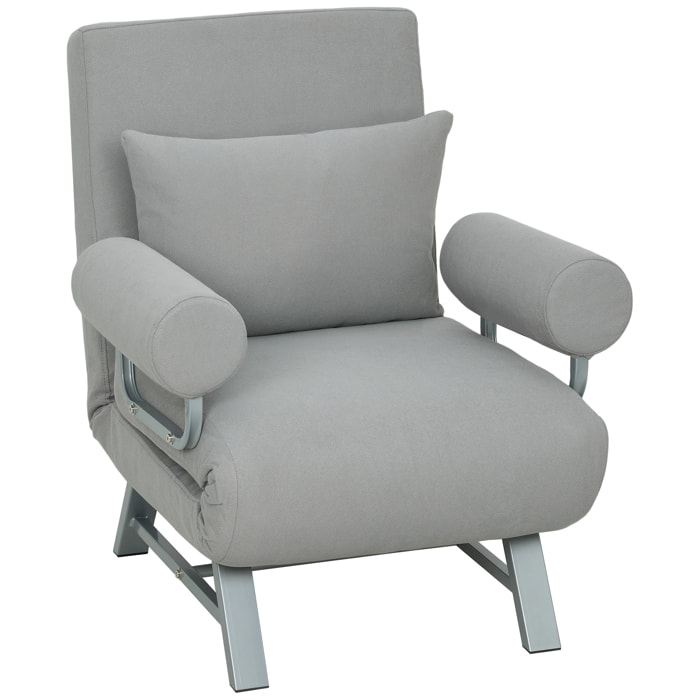 Fauteuil chauffeuse convertible inclinable coussin lombaires accoudoirs piètement métal lin gris clair