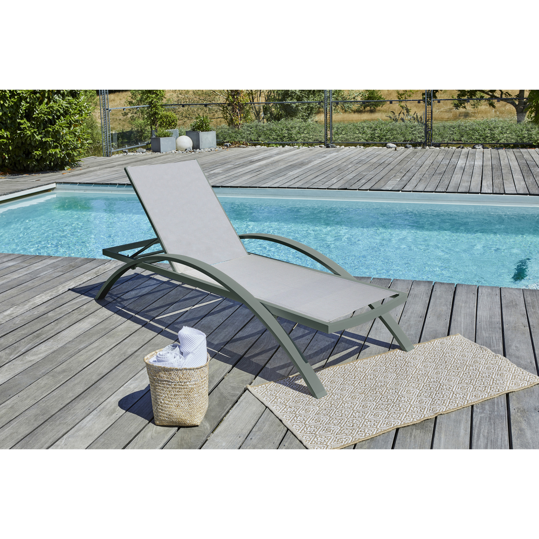 BARCELONA - Lot de 2 bains de soleil en toile plastifiée grise et aluminium kaki