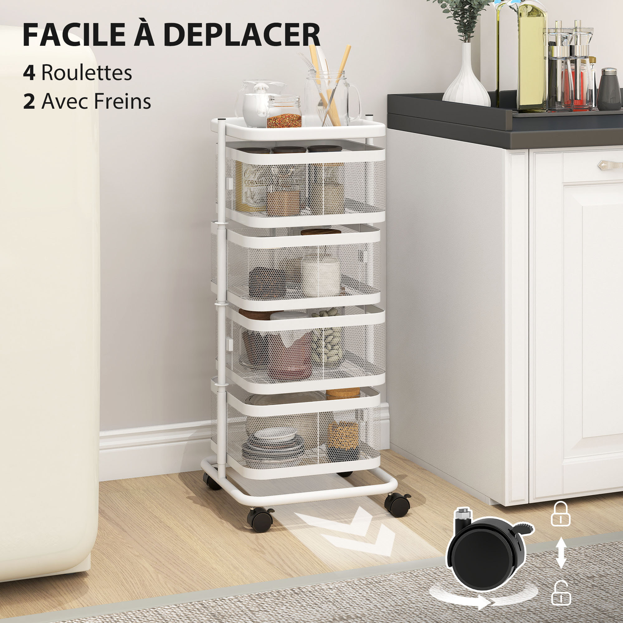 Resserre de cuisine 4 paniers rotatifs sur roues en métal H.77cm blanc