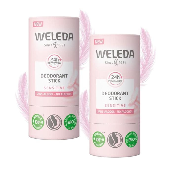 WELEDA - Duo Deodorant stick Sensitive - Efficacité 24H - Vegan* - Certifié Natrue** - Stick 2x50 g