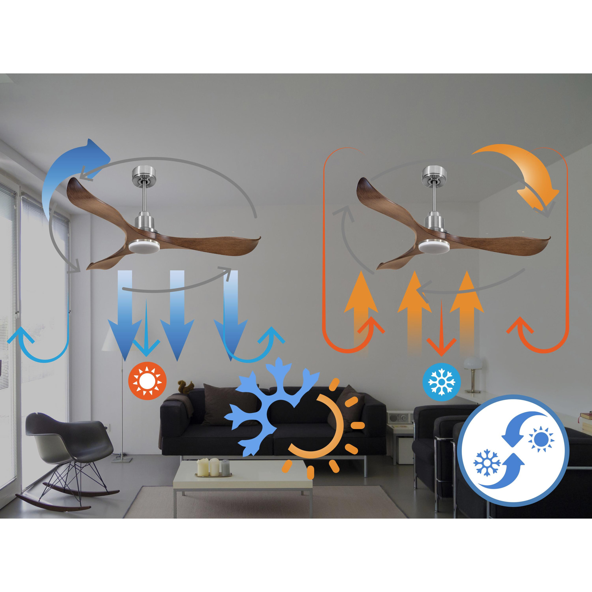 Ventilateur de plafond Réversible  Thermostat Dimmable Wifi Moteur à courant continu Toits en pente Télécommande Lumière à trois tons Adaptateur 2/3 Lames