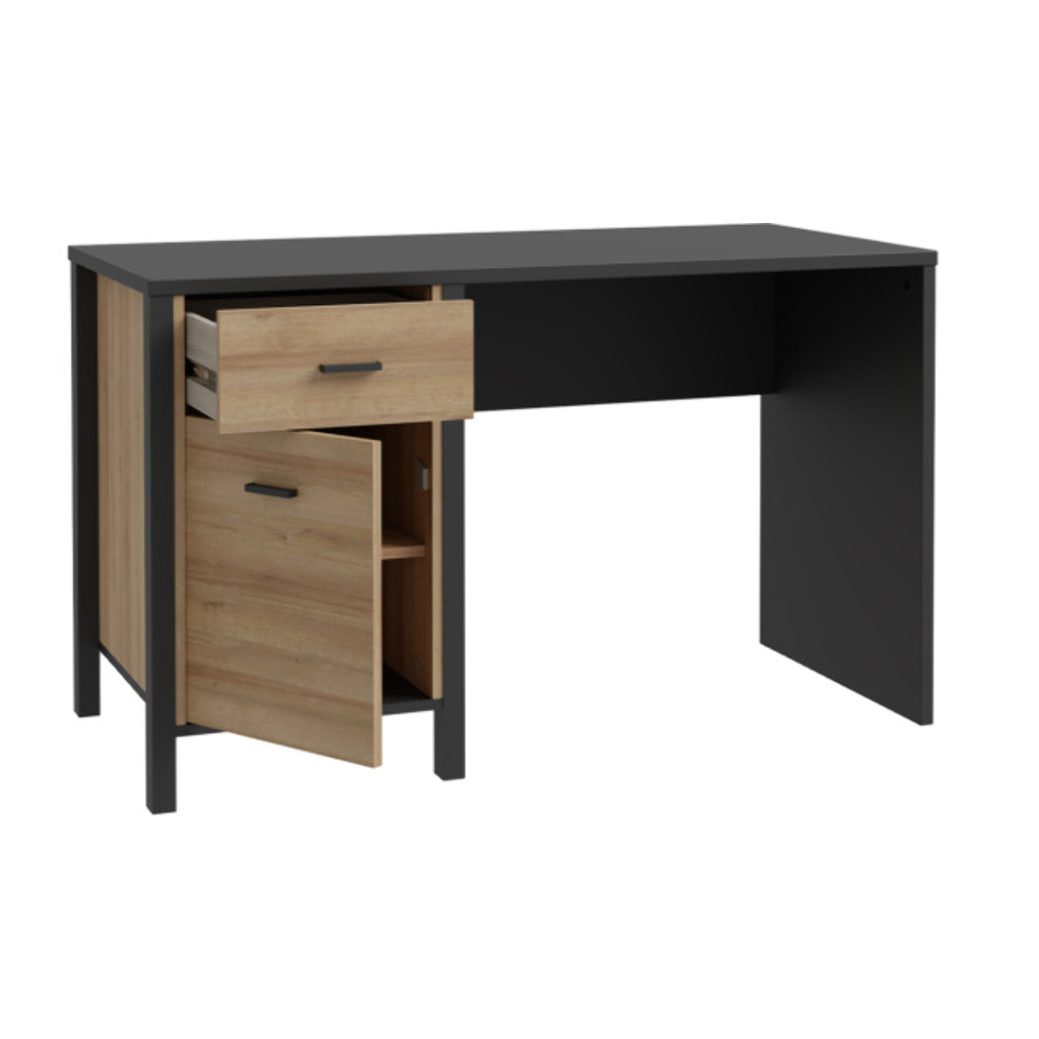 Petit bureau bois effet chêne avec poignées métal noir L120cm - MIAMI