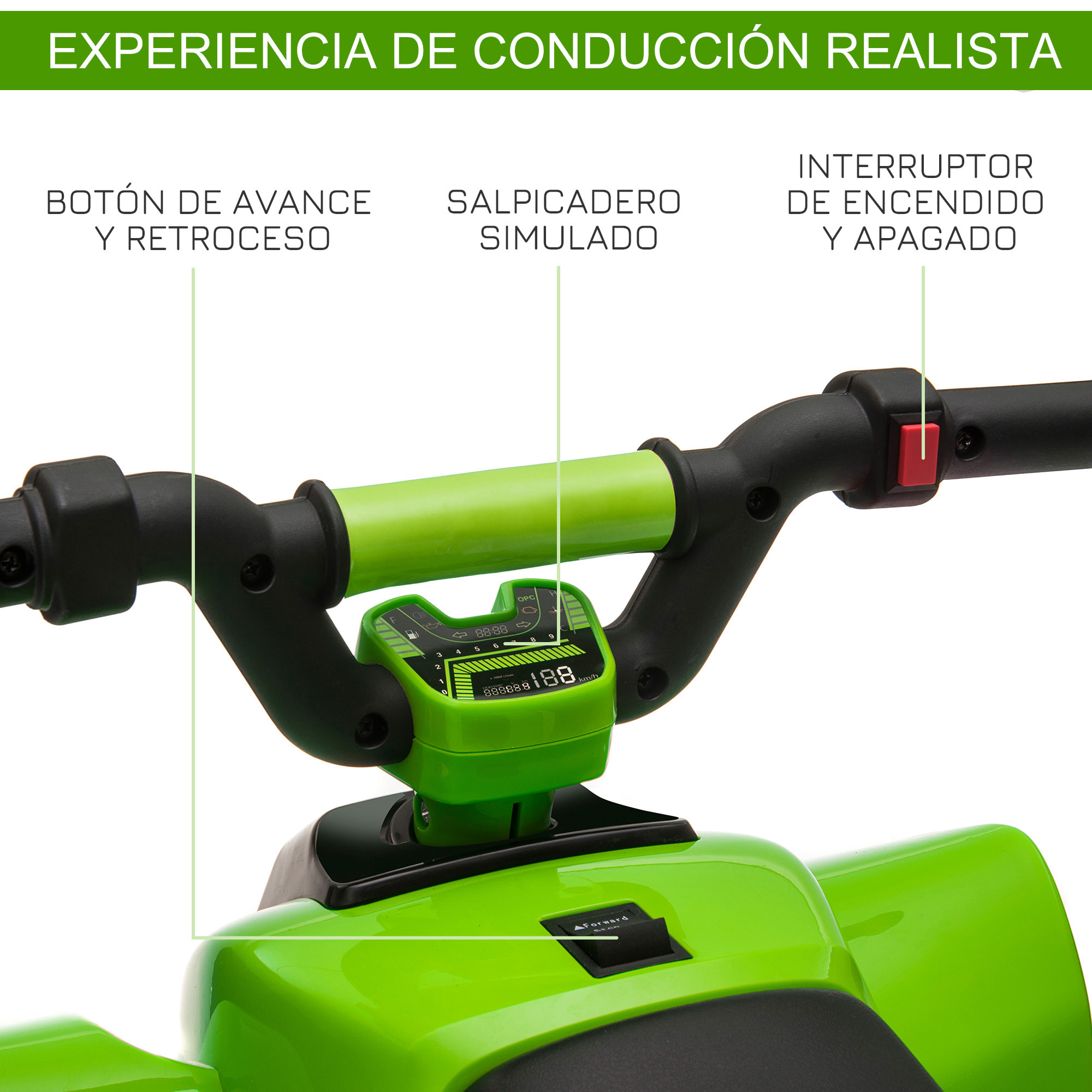 Quad Eléctrico para Niños de 18-36 Meses Vehículo Eléctrico Cuatrimoto a Batería 6V con Avance y Retroceso Carga Máx. 20 kg 72x40x45,5 cm Verde