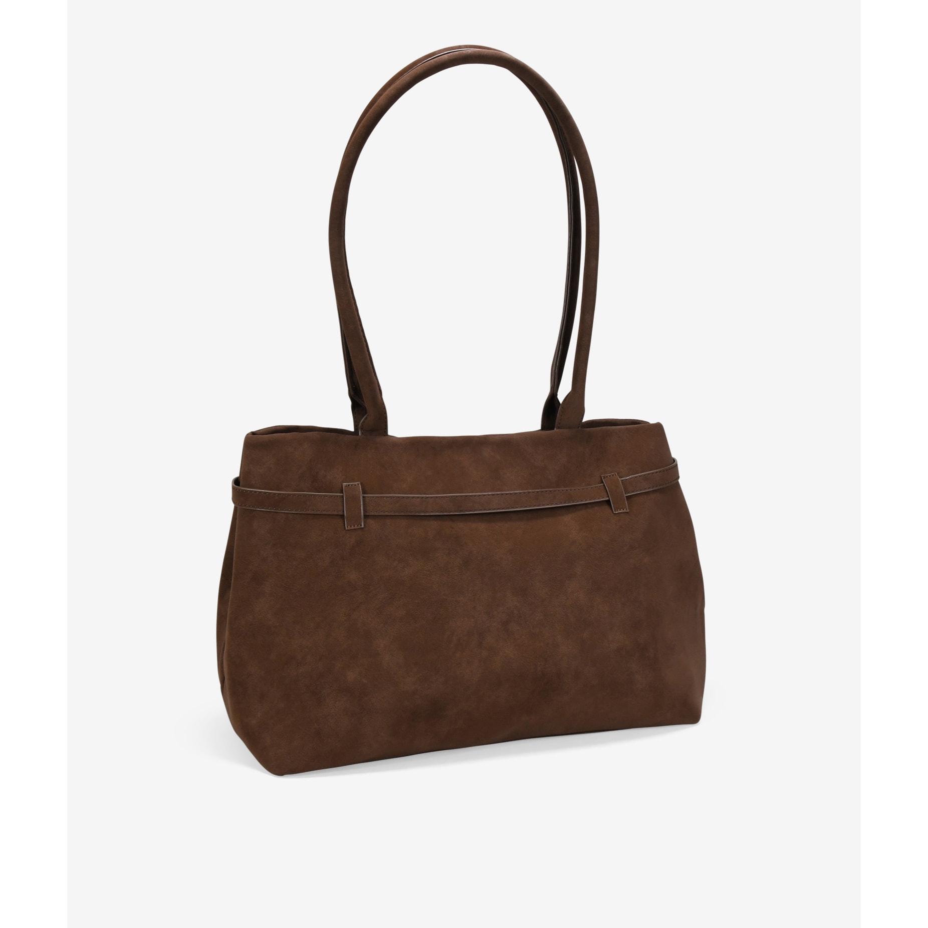 Bolso de hombro marrón con cinturón y hebilla