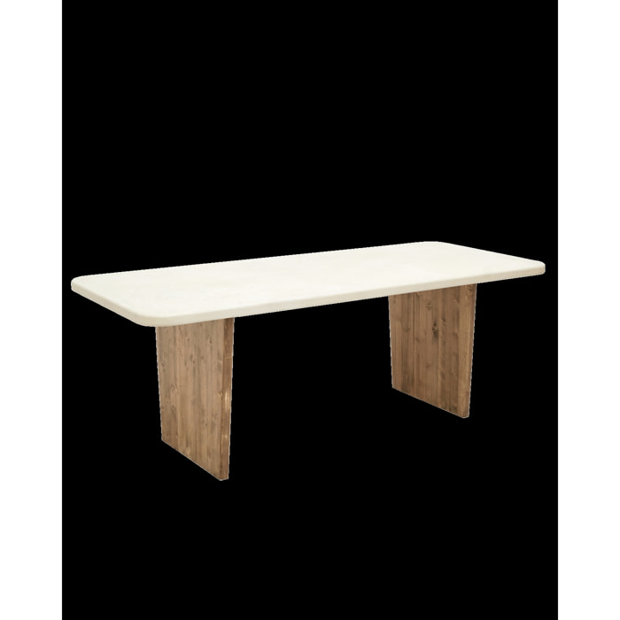 Table de salle à manger en microciment de couleur blanc cassé avec des pieds en bois de chêne foncé en différentes tailles