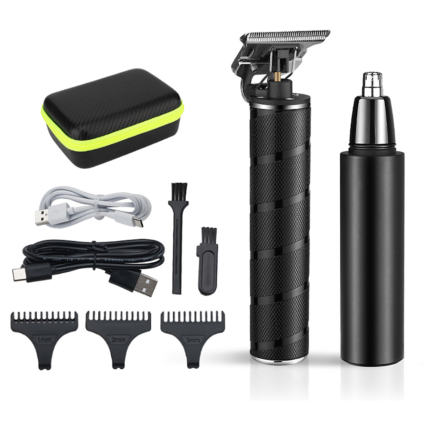 Kit 2 en 1 con recortador perfilador para pelo y barba + afeitadora de pelo para nariz. Con juego de accesorios. Batería recargable.