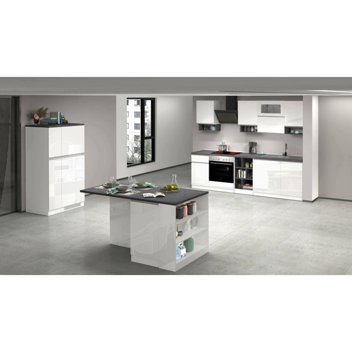 Cucina completa Balme, Set con dispensa, Mobile per cucinotto, Kit blocco con isola e portafrigo, 100% Made in Italy, Bianco lucido e Ardesia