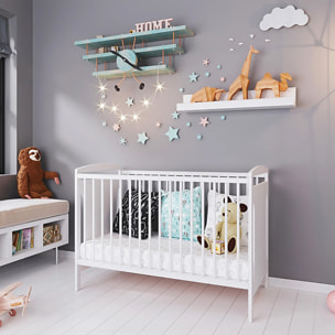 Lit Bébé Évolutif Margot 60x120 cm en Bois, Blanc, Sommier Réglable 3 Hauteurs, Barreaux Amovibles
