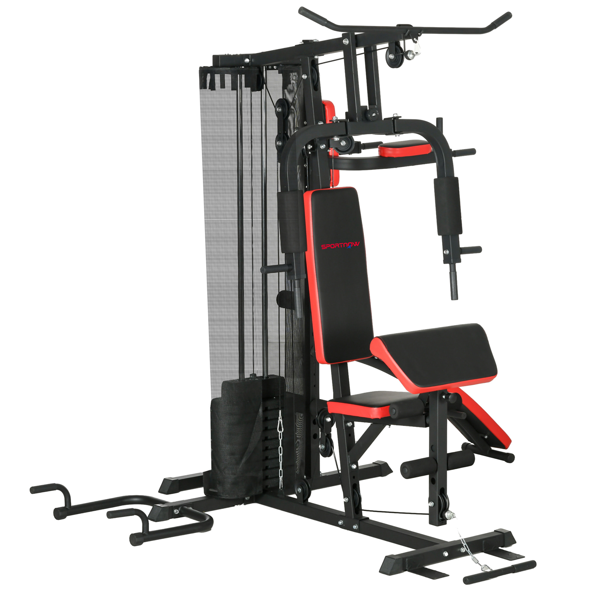 Station de musculation - banc, développé couché, butterfly, barre latissimus et traction, curler, bande résistance, 10 contrepoids - acier noir rouge