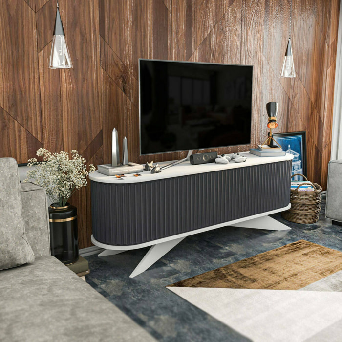 Mobile porta TV Bailu, Credenza da soggiorno, Armadio basso per TV, Base parete attrezzata, 180x43h60 cm, Antracite e Bianco