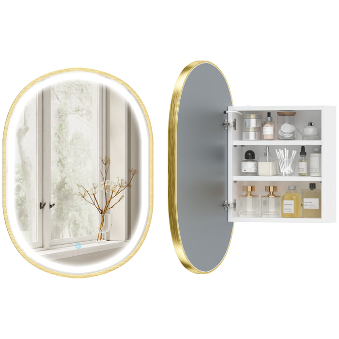 Armario de Baño con Espejo y Luces LED de 3 Colores, Armario de Pared Ovalado con Función Memoria y Antivaho, Brillo Ajustable, Control Táctil, Estantes Ajustables, Dorado