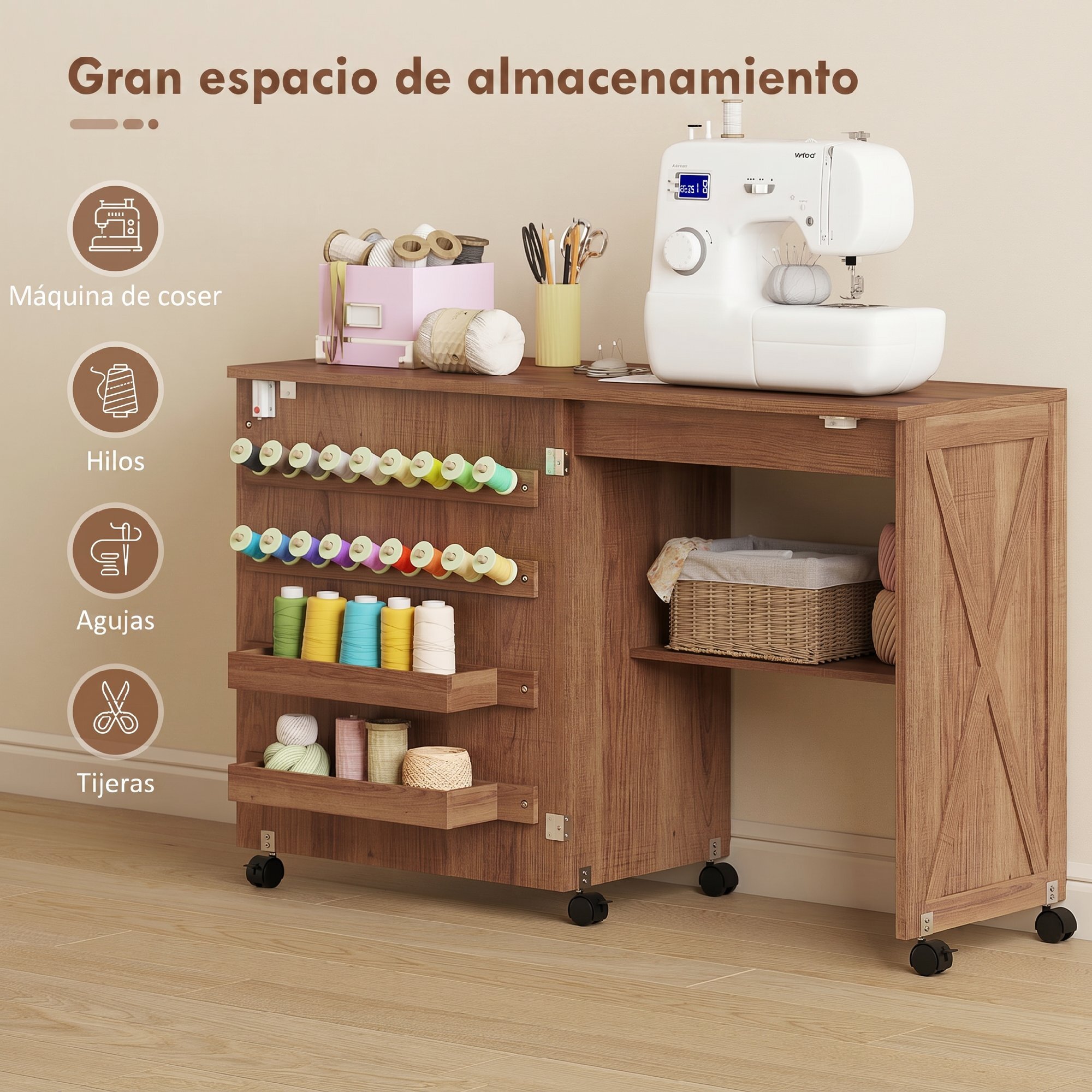 Mesa de Costura Plegable, Mesa Máquina de Coser con Puerta Magnética, 2 Compartimentos, Estante, 18 Soportes para Hilos, 5 Ruedas, Ahorro de Espacio, Marrón