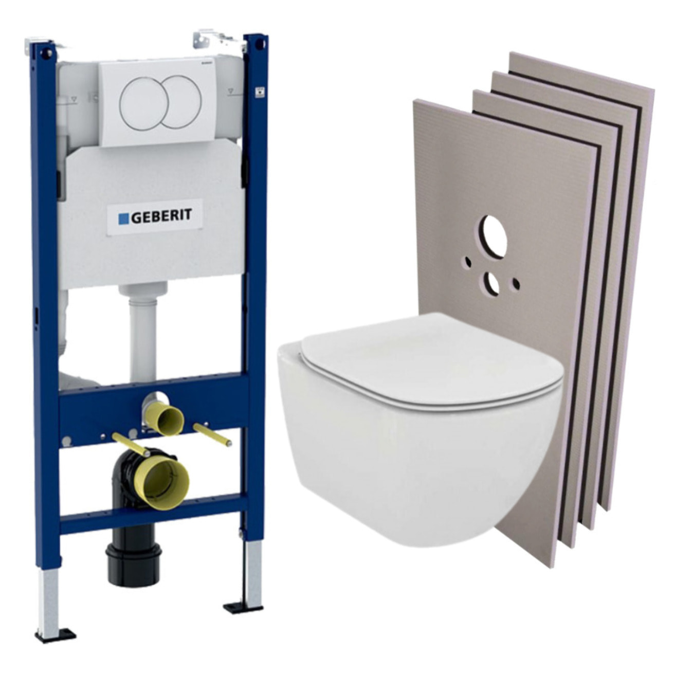 Pack WC Bati support Geberit + Cuvette Ideal Standard Tesi Aquablade + Plaque blanche + Set habillage (TesiGeb3-sabo)