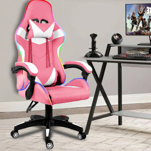 Sedia Gaming Con LED RGB Telecomando Poltrona Ufficio Scrivania Casa PC Racing Girevole Ergonomica Ecopelle Cuscino Lombare Poggiapiedi Rosa E Bianco