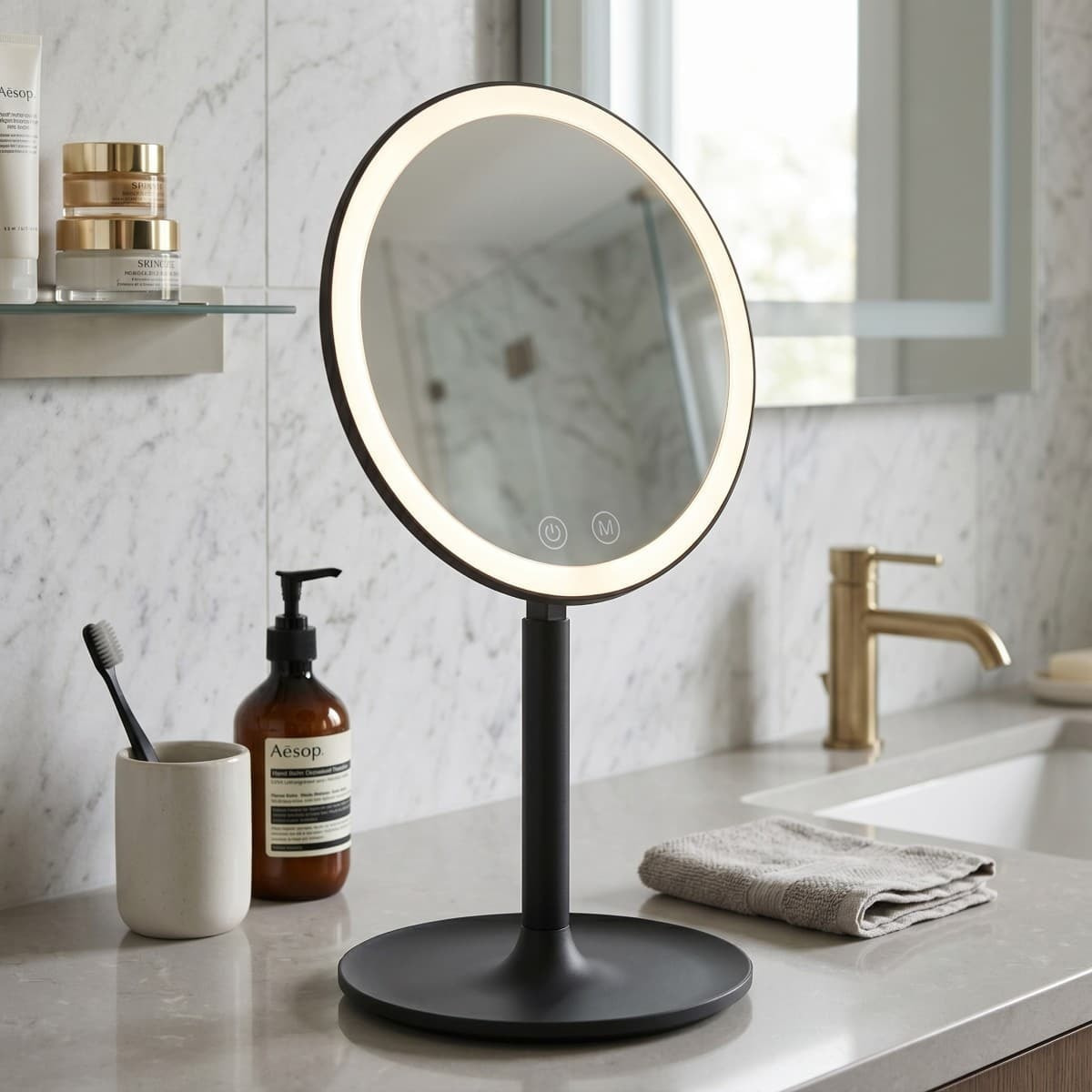 Miroir cosmétique pliable en plastique, 3 couleurs de lumière réglables, hauteur 34,5 cm, noir (SATZKLEDC)
