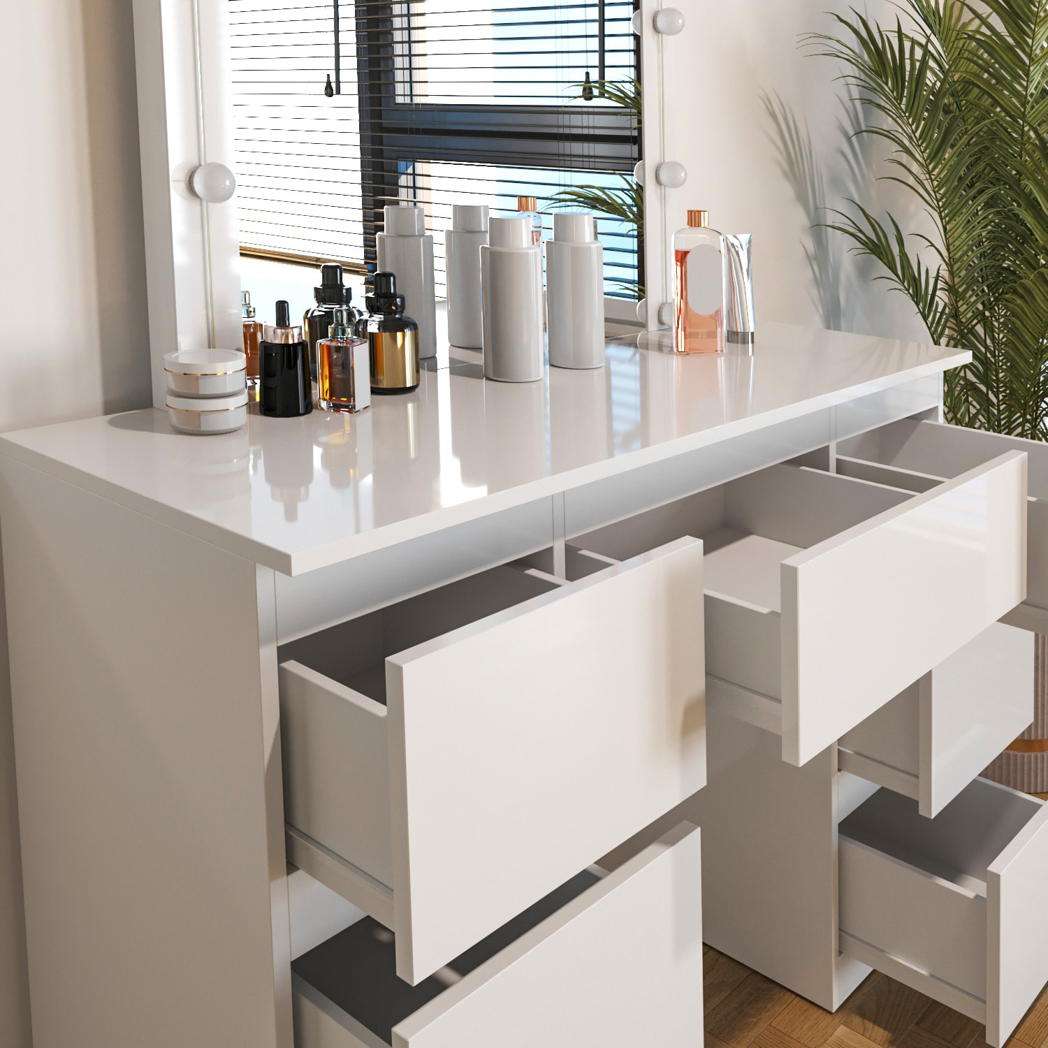 Toeletta Tavolino Da Trucco Tavolo 10 Luci LED Luminosità Regolabile Specchio Orizzontale Con 7 Cassetti Postazione Make Up 39.5x110x140.5 Cm Bianco