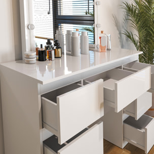 Toeletta Tavolino Da Trucco Tavolo 10 Luci LED Luminosità Regolabile Specchio Orizzontale Con 7 Cassetti Postazione Make Up 39.5x110x140.5 Cm Bianco