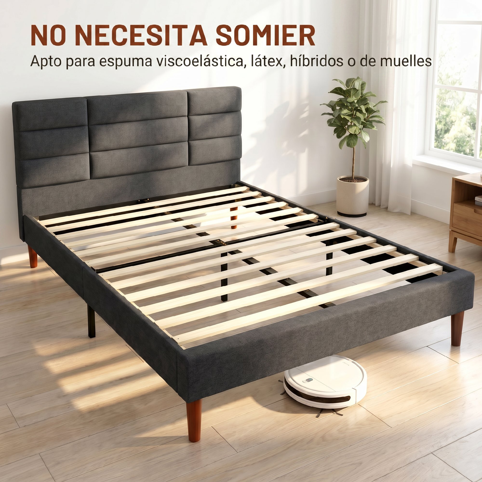 HOMCOM Cama Tapizada 140x200 cm con Cabecero Acolchado de Rejilla y Almacenaje Inferior, Marco de Cama Doble con Láminas de Madera, Diseño Moderno, Fácil Montaje, Gris