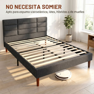 HOMCOM Cama Tapizada 140x200 cm con Cabecero Acolchado de Rejilla y Almacenaje Inferior, Marco de Cama Doble con Láminas de Madera, Diseño Moderno, Fácil Montaje, Gris