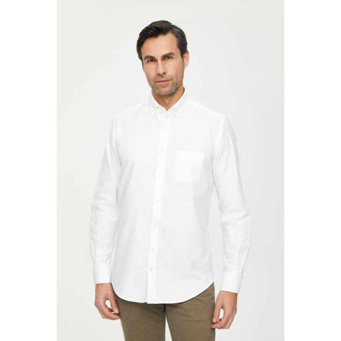 Camicia Uomo 1 Bottone Button Down Slim Oxford Lavato Unito Bianco