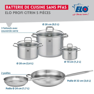 Ensemble de 2 Poêles de cuisson 24 et 32 cm et 3 faitouts 14, 20 et 26 cm Elo Profi Citrin