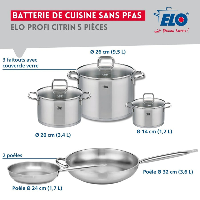 Ensemble de 2 Poêles de cuisson 24 et 32 cm et 3 faitouts 14, 20 et 26 cm Elo Profi Citrin