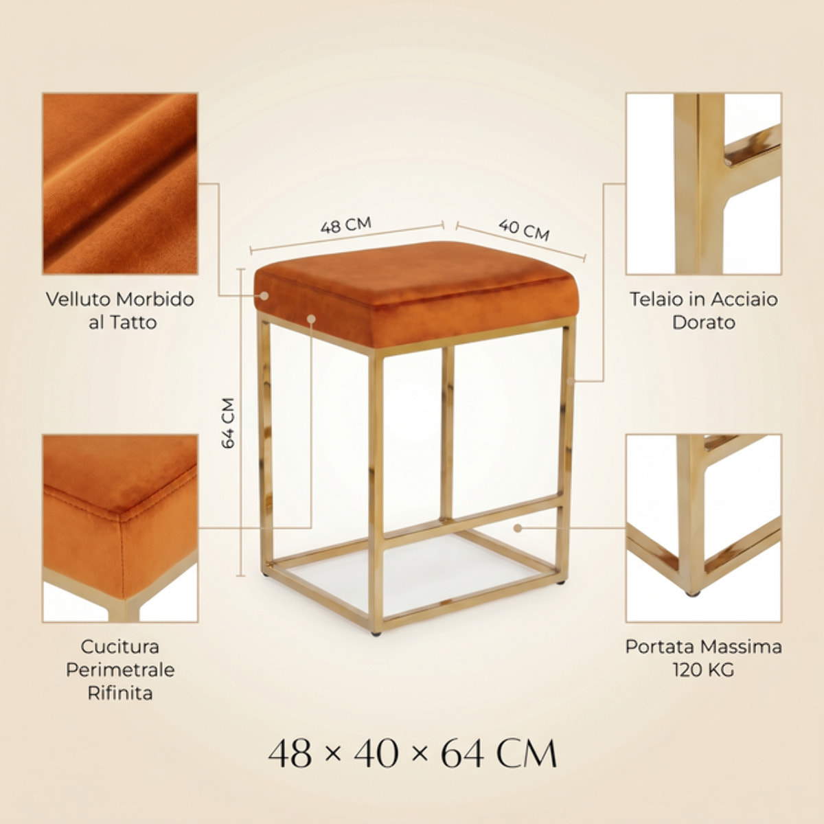 Sgabello Imbottito in Effetto Velluto con Seduta Confortevole e Gambe in Acciaio, Design Moderno per Cucina, Penisola, Isola e Zona Bar
