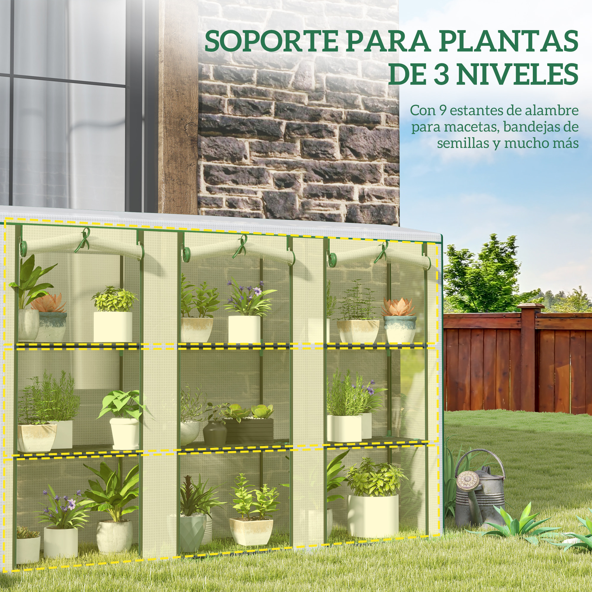 Invernadero de Exterior de 3 Niveles Invernadero de Jardín con 9 Estantes Puerta Enrollable con Cremallera Marco de Acero Cubierta de PE 140g/m² Anti-UV para Terraza Patio 215x46x151cm Blanco