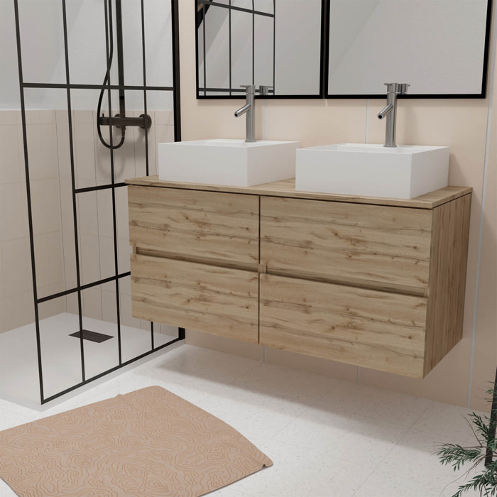 Meuble Salle de Bains 120cm 4 Tiroirs Chêne Naturel - 2 Vasques Carrées 41x41x15cm Blanches