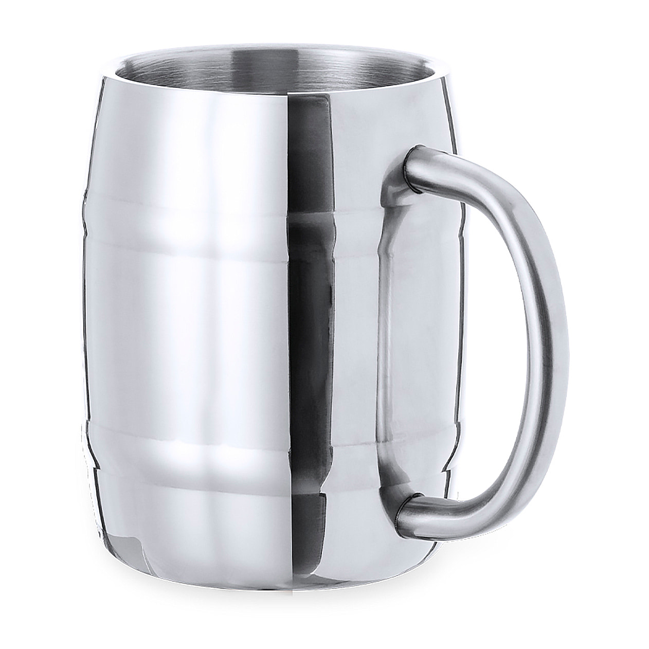 Jarra de acero inox en elegante acabado metálico. De 450 ml de capacidad, con cómoda asa y diseño en forma de barril.