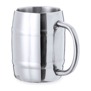 Jarra de acero inox en elegante acabado metálico. De 450 ml de capacidad, con cómoda asa y diseño en forma de barril.