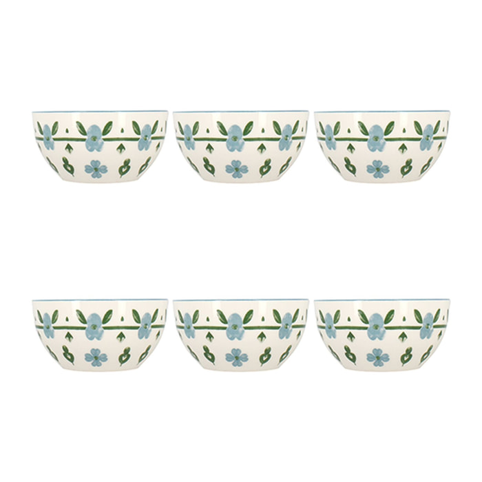 Lot de 6 bols 60cl en porcelaine blanc et bleu floral PRIMAVERA