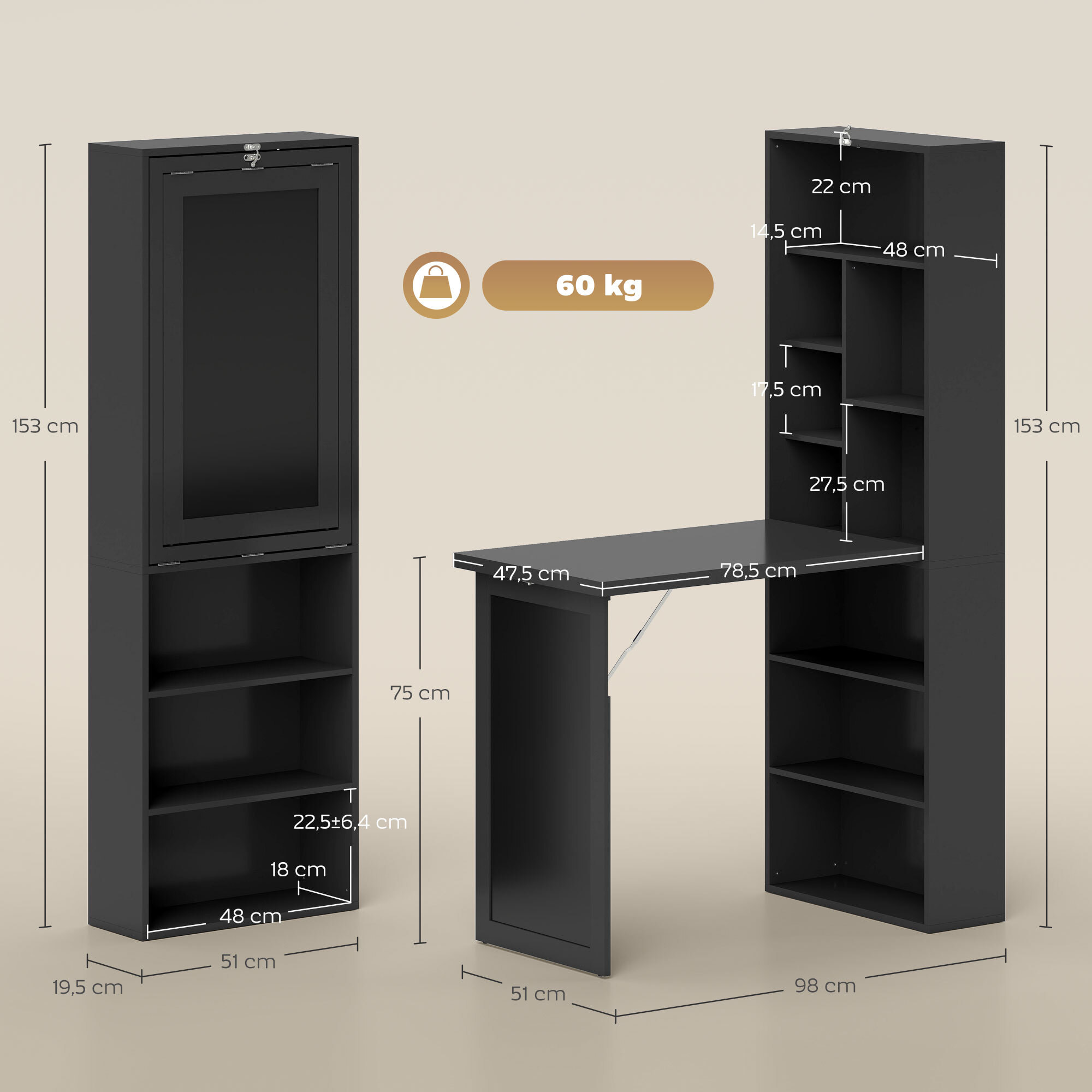 Bureau mural pliable table murale rabattable suspendue sur pied avec bibliothèque tableau à craie intégré noir