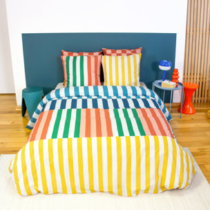 Parure de lit coton motifs rayures multicolore 2 places 240 x 220cm - Aura