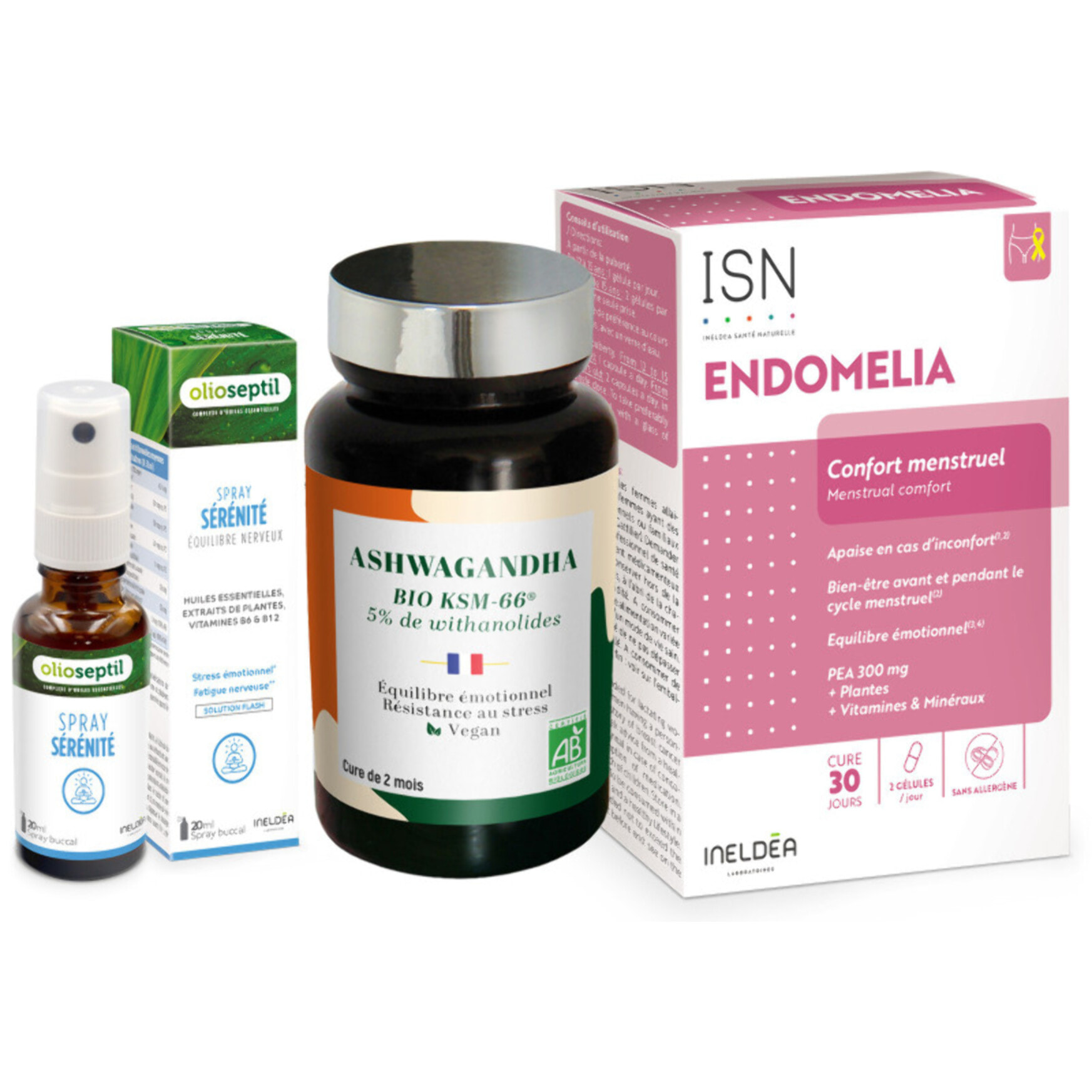 Pack Équilibre Féminin - Endomelia, Ashwagandha Bio KSM-66 & Spray Sérénité
