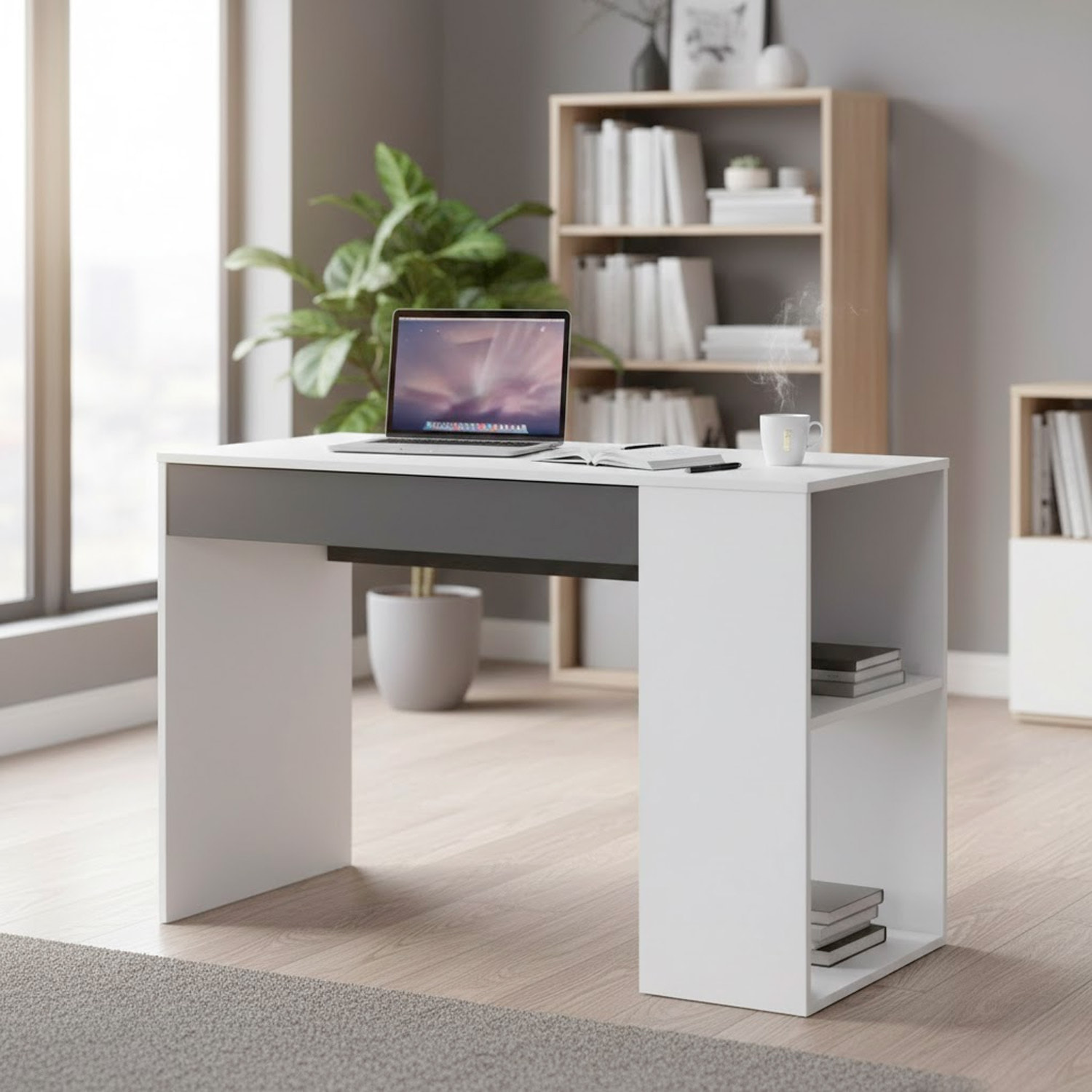 Scrivania Da Lavoro Per Computer Desk Con Cassetto Reversibile Design Moderno Ufficio Home Office Casa 73 x 101 x 50 Cm Bianco e Grigio Antracite