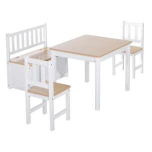 Conjunto de Mesa 2 Sillas y Banco para Niños de Madera con Espacio de Almacenamiento Muebles Infantiles para Sala de Juegos Habitación de Niños Blanco y Natural