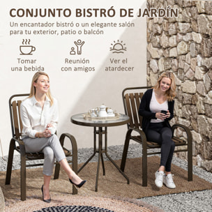 Conjunto Jardín Exterior de 3 Piezas Juego de Muebles de Jardín con 2 Sillas Apilables Mesa con Encimera de Vidrio Templado y Estructura de Acero para Terraza Patio Balcón Marrón Oscuro