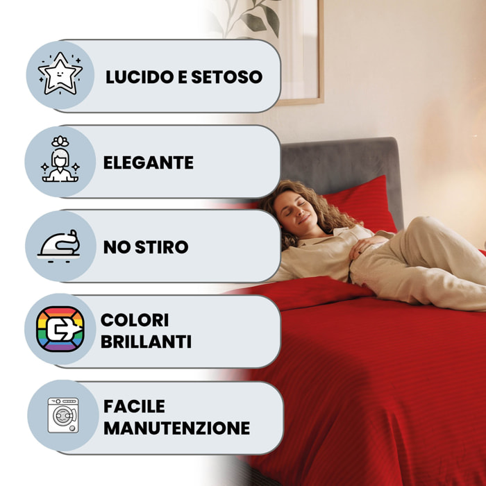 PARURE COPRIPIUMINO SATIN STRIPES, 100% Raso di Poliestere, Made in Italy, No Stiro - ROSSO