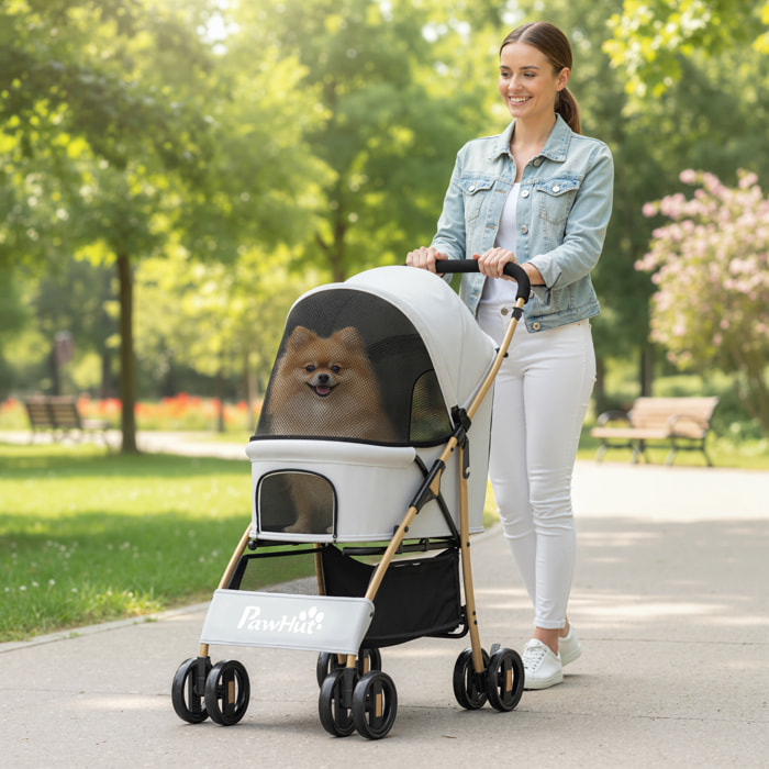Carrito para Perros Plegable Cochecito para Mascotas con 2 Puertas Ventana de Malla Cesta de Almacenamiento Cuerda de Seguridad y Cojín Carga 15 kg 80x44,5x97 cm Gris Claro