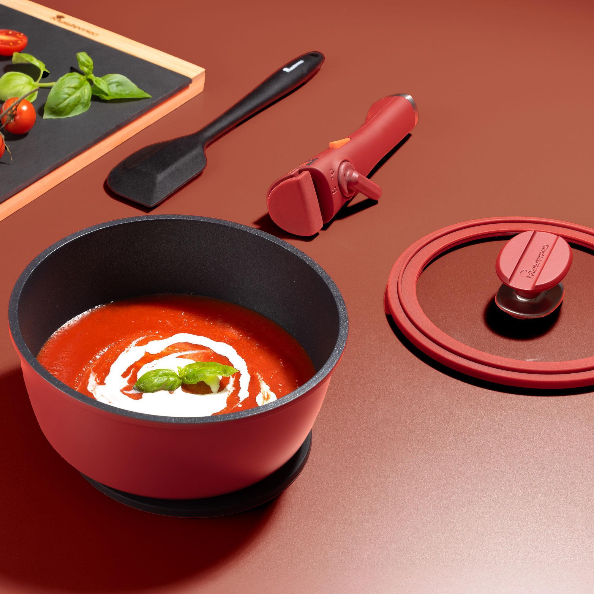 MasterPRO Share & Play Batería de cocina apilable de 10Pcs, Color Rojo, Mango extraíble, Aluminio fundido, Revestimiento cerámico, Control térmico