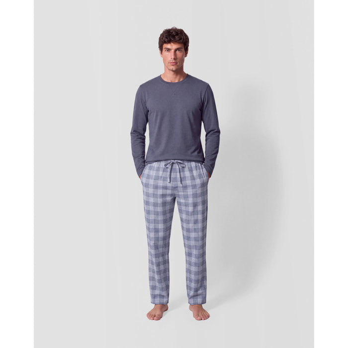Pijama largo algodón cuadros seren azul marino