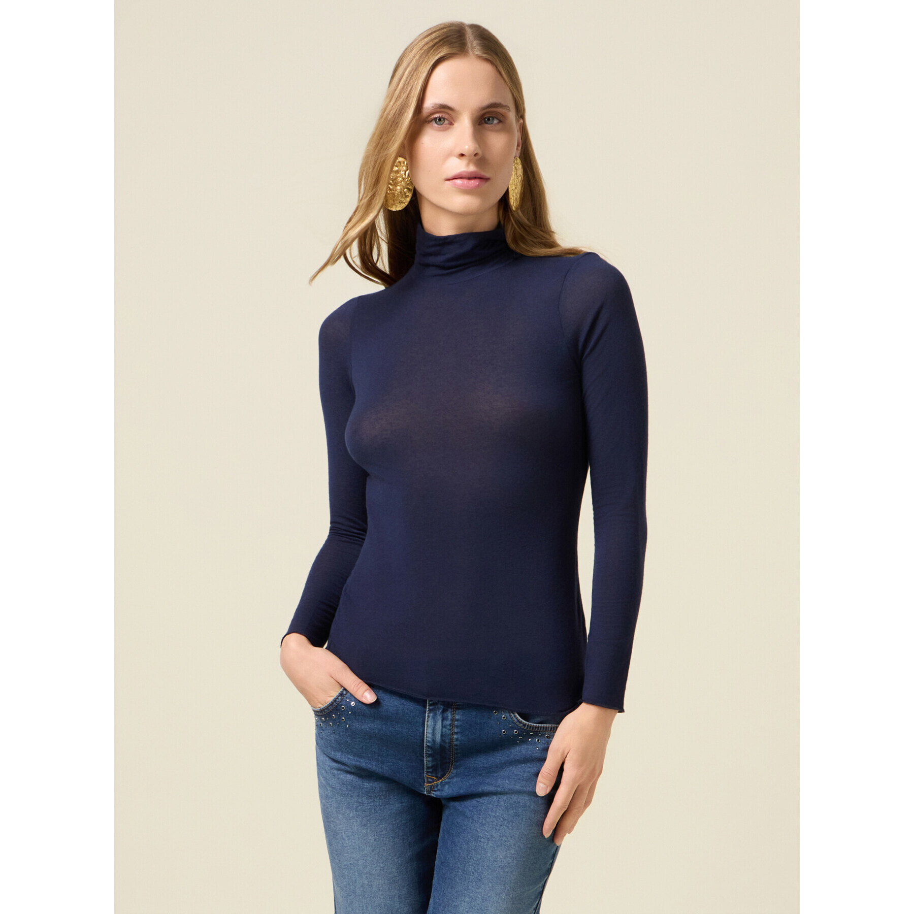 Oltre - Camiseta cuello alto mezcla modal - Azul