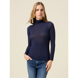 Oltre - Camiseta cuello alto mezcla modal - Azul