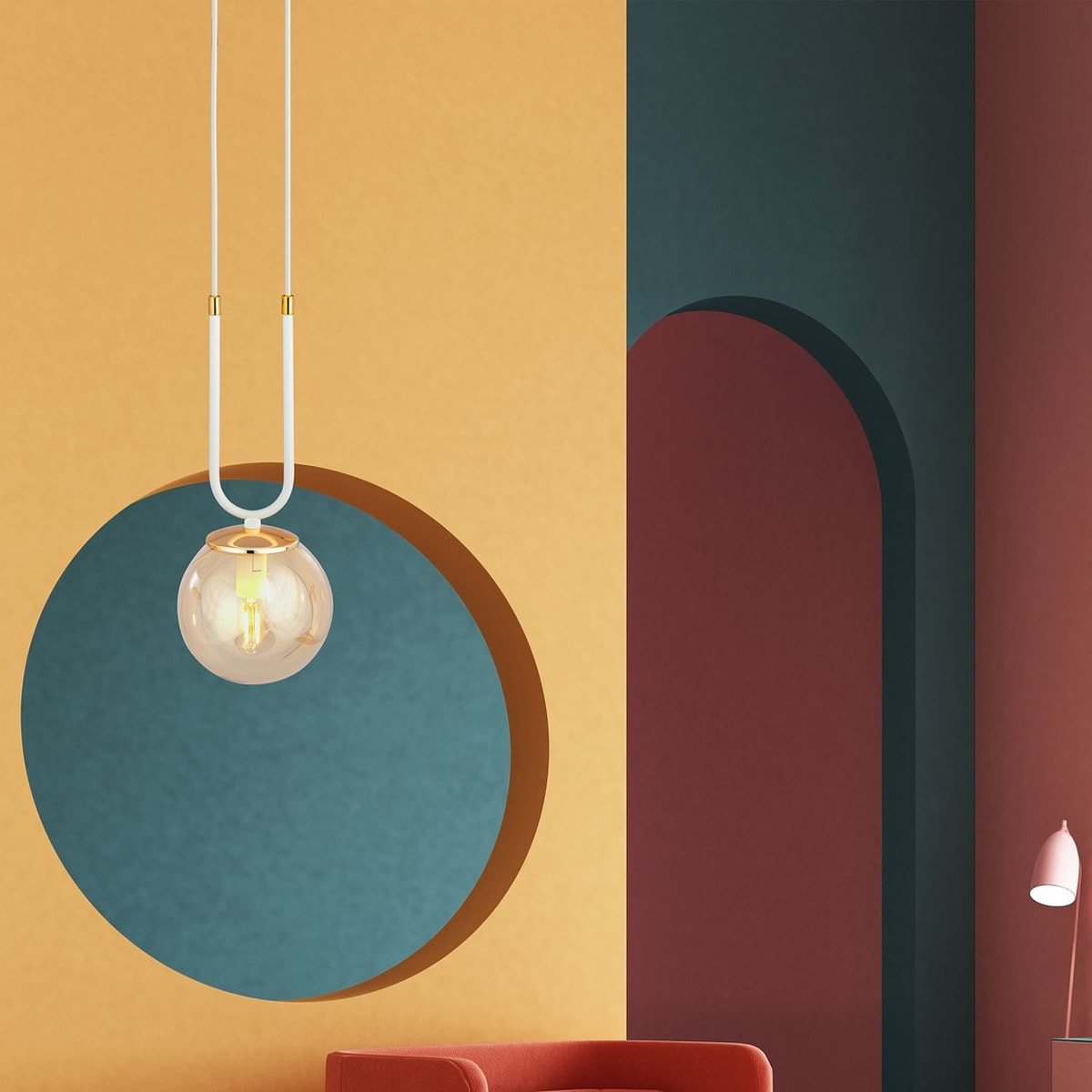 Lampada a sospensione GLAM in acciaio bianco e vetro ambrato
