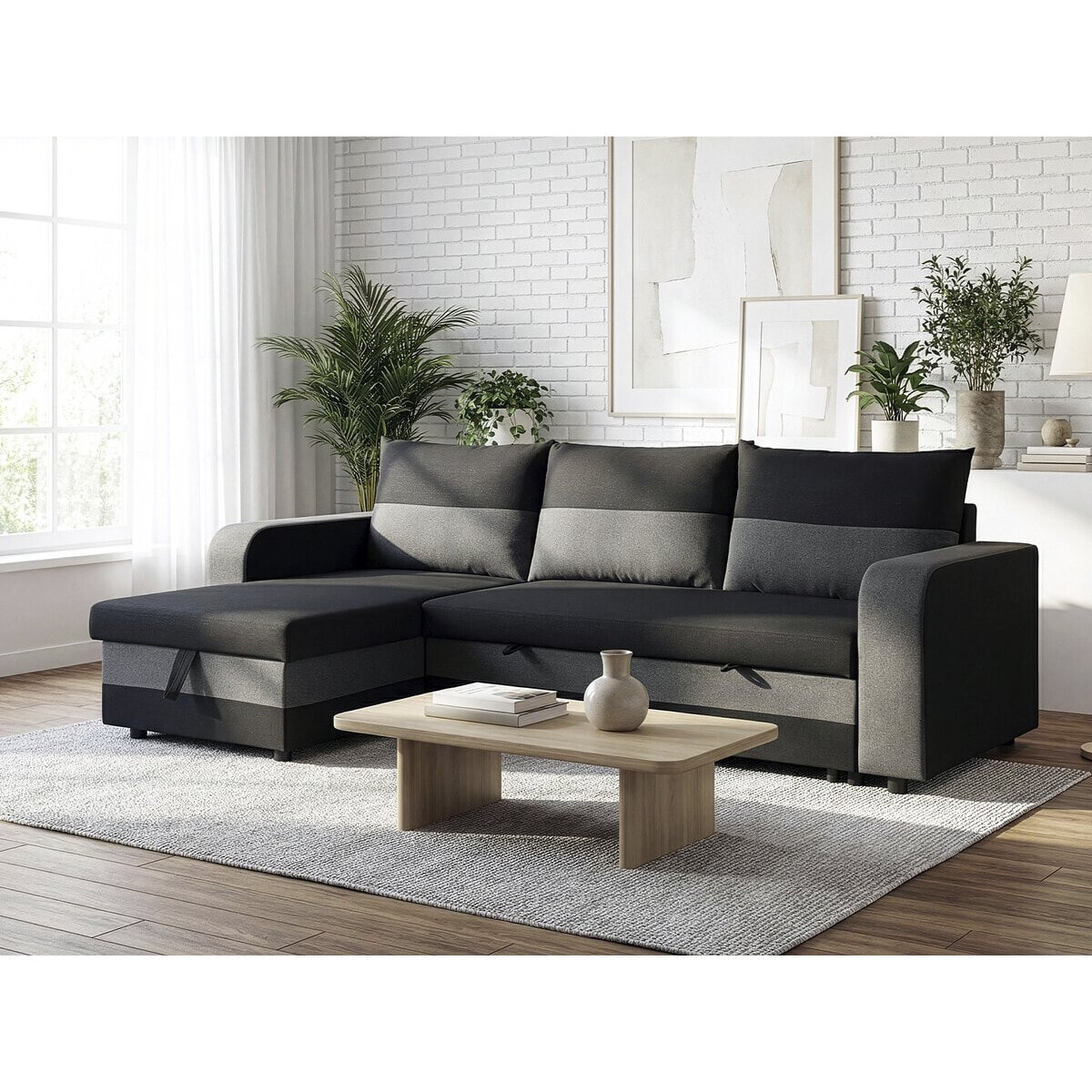 Canapé d'angle réversible/convertible en tissu "Victor" - 3 places - Noir